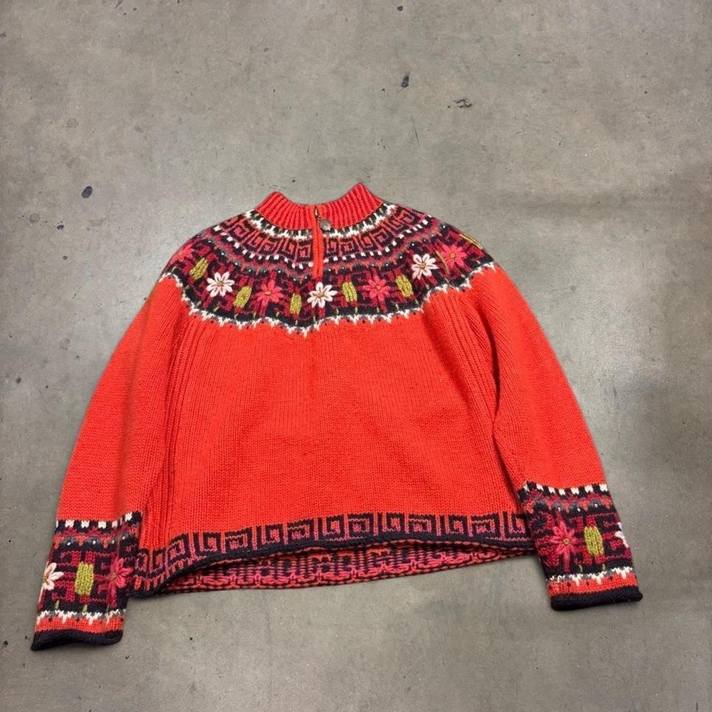 Icelandic Design Vintage Lambswool Fair Isle Quarter Zip Sweater Orange XL